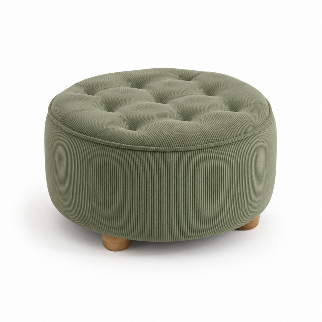 Pouf poggiapiedi rotondo verde in velluto a coste di poliestere con piedi in legno massello Ø60 x 40 cm