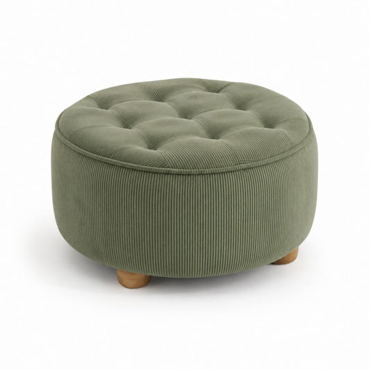 Pouf poggiapiedi rotondo verde in velluto a coste di poliestere con piedi in legno massello Ø60 x 40 cm