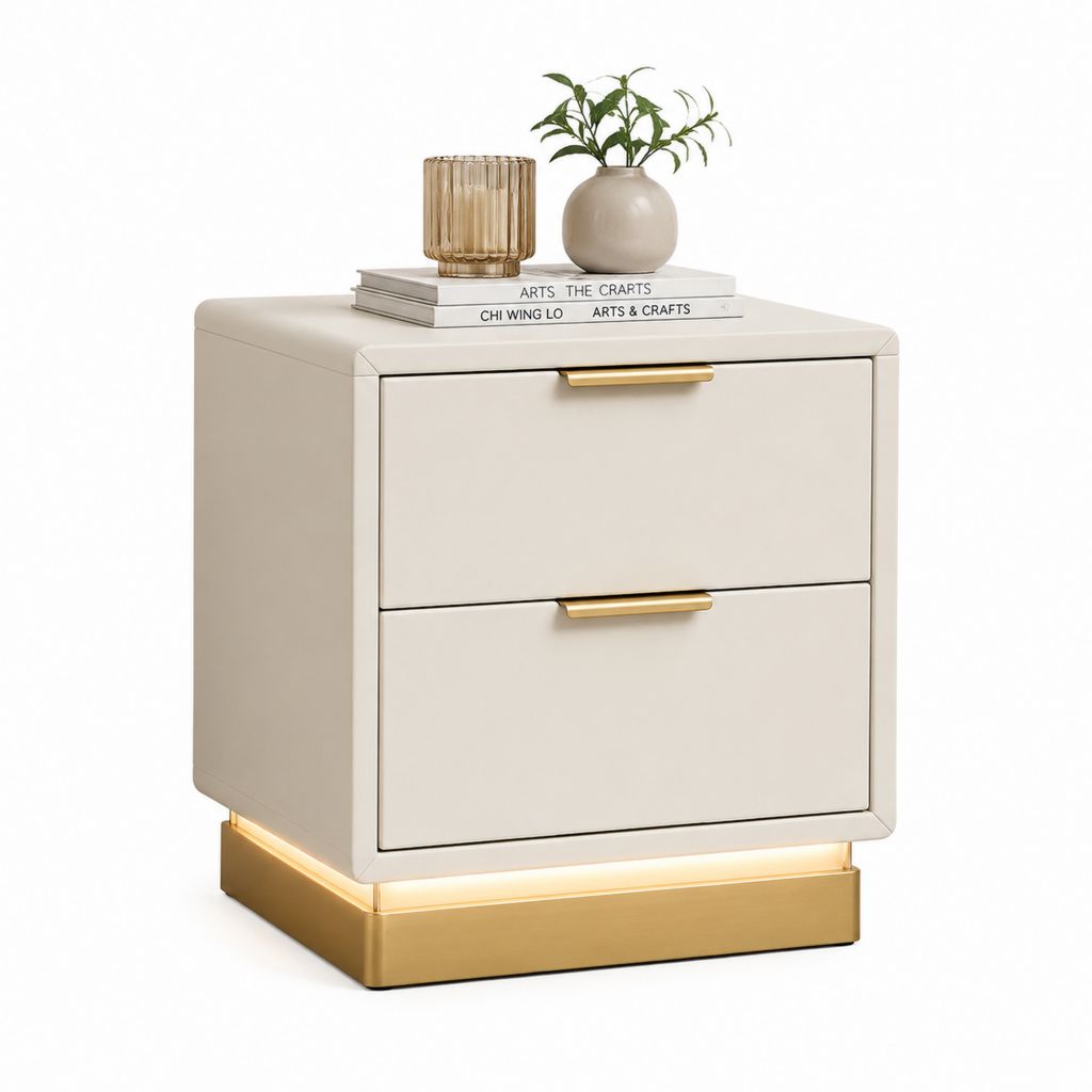 Comodino a 2 cassetti beige in MDF laccato con base dorata 50 x 40 x 55 cm