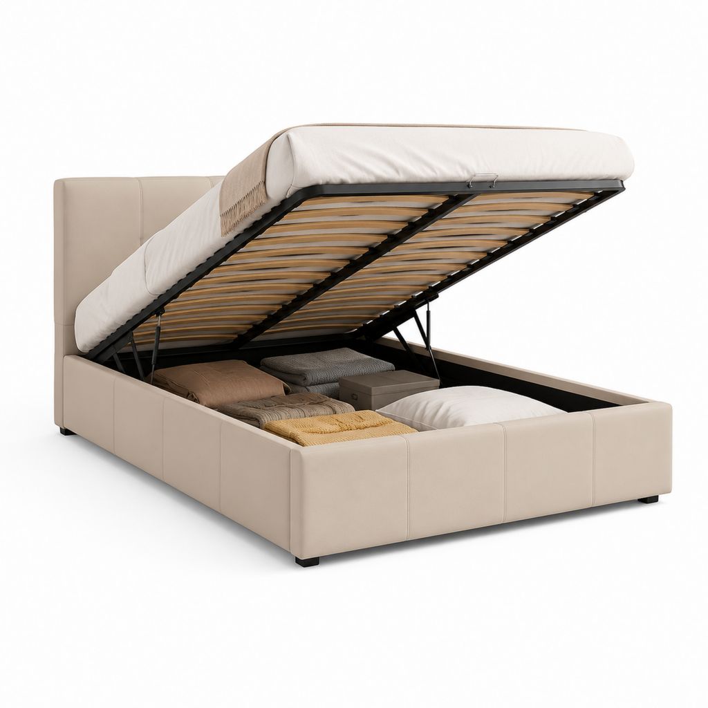 Letto contenitore matrimoniale beige in pelle sintetica PU con rete a doghe 160 x 200 cm