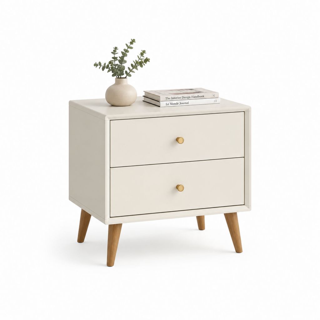 Comodino a 2 cassetti bianco in MDF con gambe in legno massello 60 x 40 x 60 cm