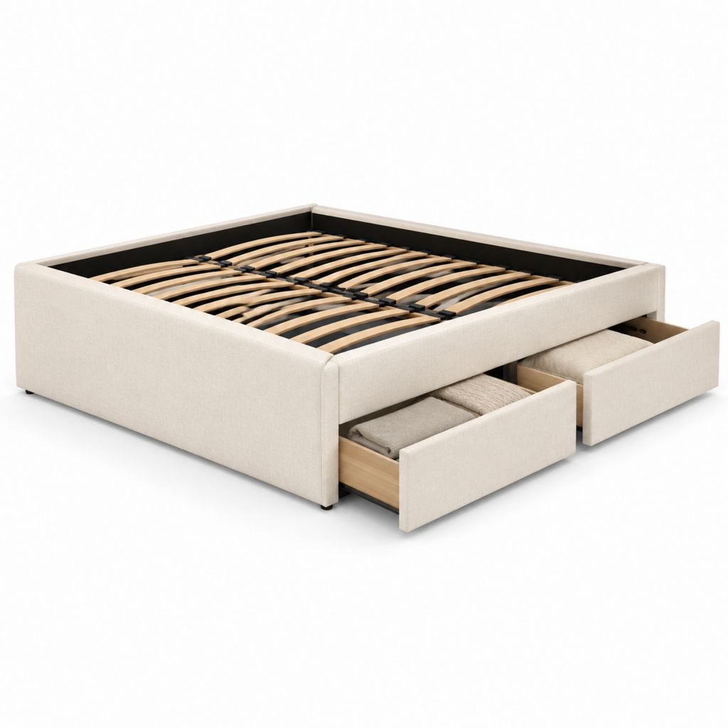 Letto contenitore matrimoniale beige in poliestere con 2 cassetti e rete a doghe 160 x 200 cm