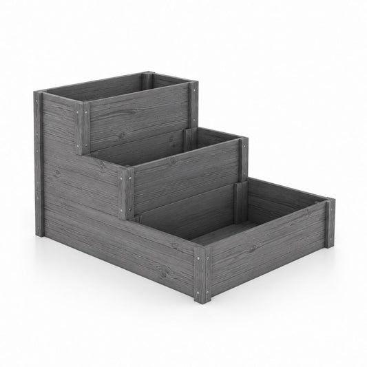 Fioriera rialzata a 3 livelli grigio in legno massello di pino 120 x 120 x 90 cm