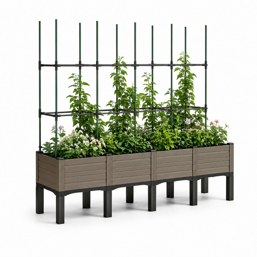 Fioriera rialzata con griglia rampicante in PP grigio e acciaio 240 x 40 x 180 cm