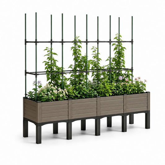 Fioriera rialzata con griglia rampicante in PP grigio e acciaio 240 x 40 x 180 cm