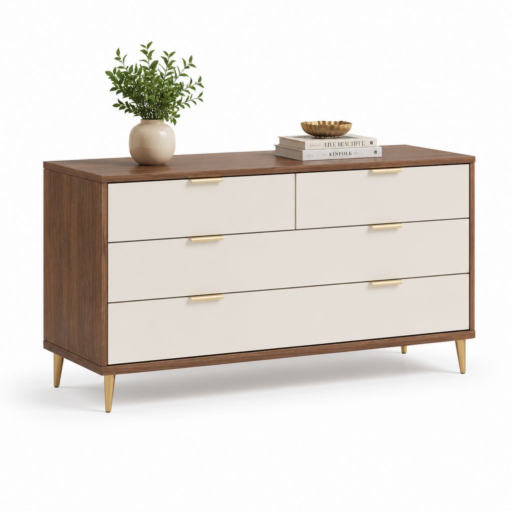 Cassettiera bassa 4 cassetti noce e bianco in MDF 160 x 45 x 85 cm