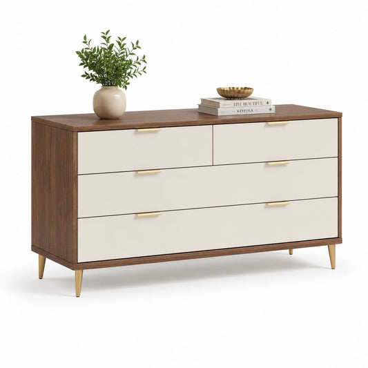 Cassettiera bassa 4 cassetti noce e bianco in MDF 160 x 45 x 85 cm