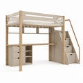 Letto a soppalco singolo 90 x 200 cm beige e rovere in MDF e pino massello con scrivania scale contenitore e cassetti 204 x 120 x 180 cm