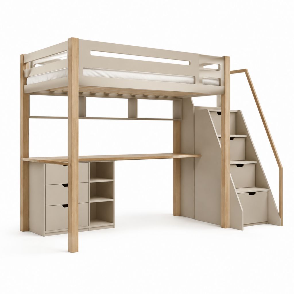 Letto a soppalco singolo 90 x 200 cm beige e rovere in MDF e pino massello con scrivania scale contenitore e cassetti 204 x 120 x 180 cm