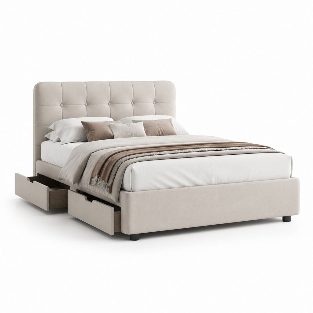 Letto contenitore matrimoniale beige imbottito in poliestere con cassetti laterali 160 x 200 cm