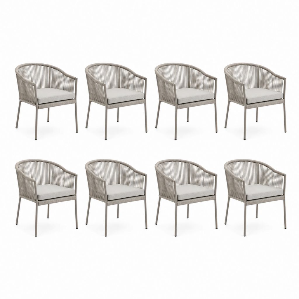 Set 8 sedie da giardino con braccioli grigio tortora in alluminio e corda PE 56 x 60 x 78 cm