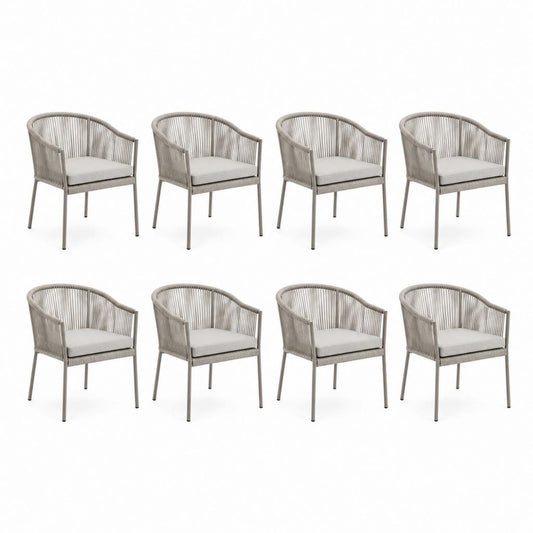Set 8 sedie da giardino con braccioli grigio tortora in alluminio e corda PE 56 x 60 x 78 cm