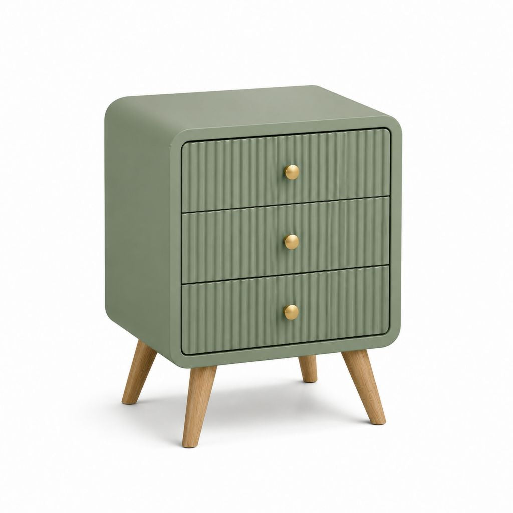 Comodino a 3 cassetti verde salvia in MDF con gambe in legno massello 50 x 40 x 65 cm