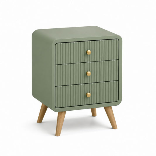 Comodino a 3 cassetti verde salvia in MDF con gambe in legno massello 50 x 40 x 65 cm