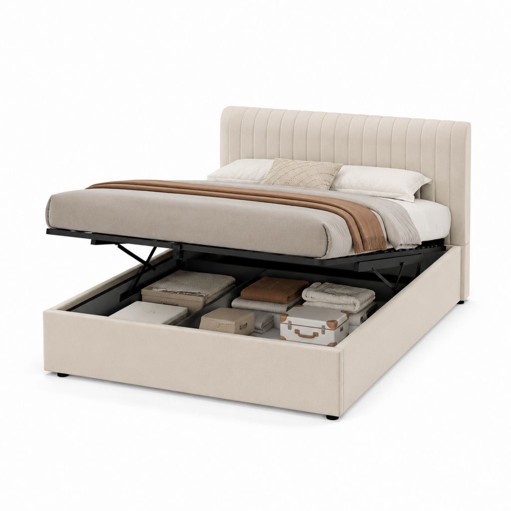 Letto contenitore matrimoniale beige in poliestere con testiera imbottita 160 x 200 cm